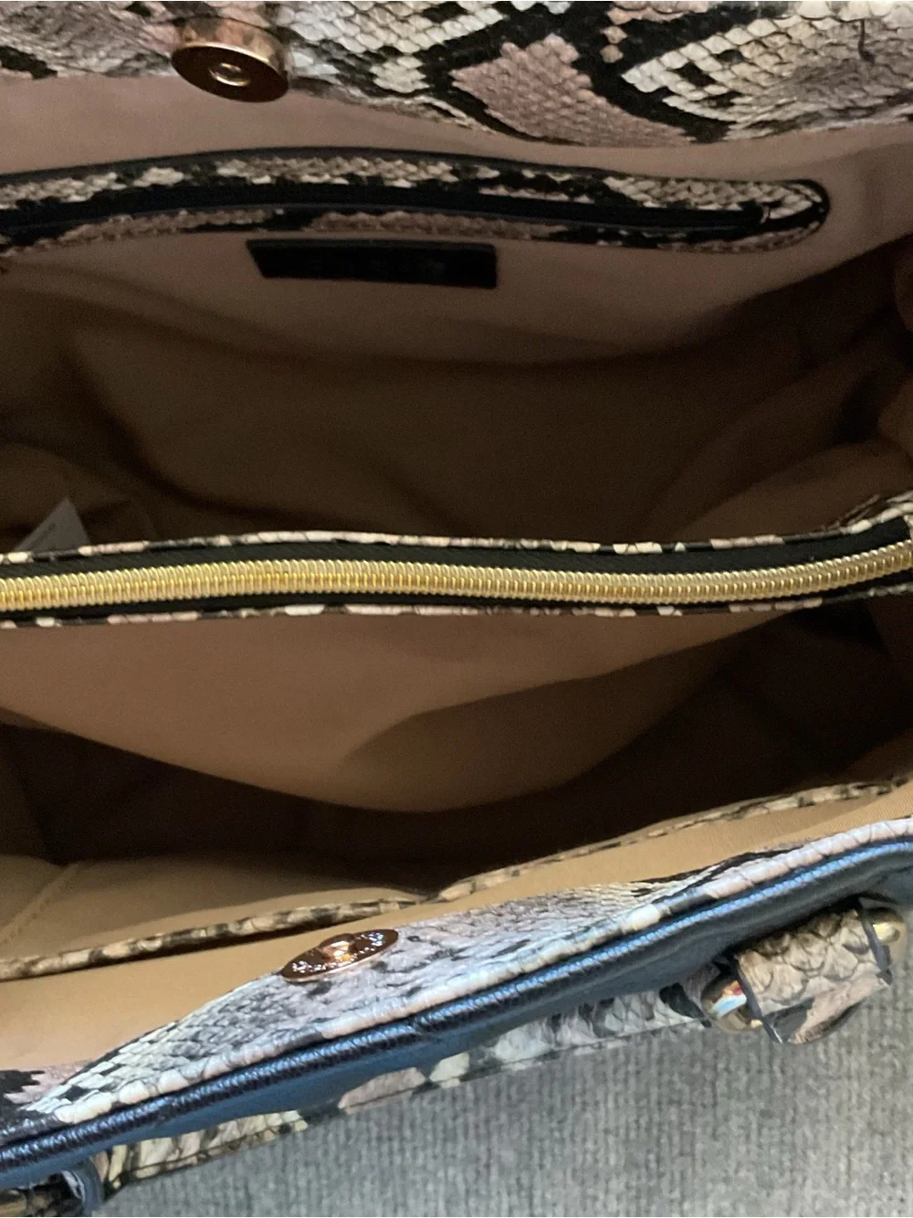 Chico’s Structured Camel and Black Tote Handbag with Snake-Print Trim NWOT